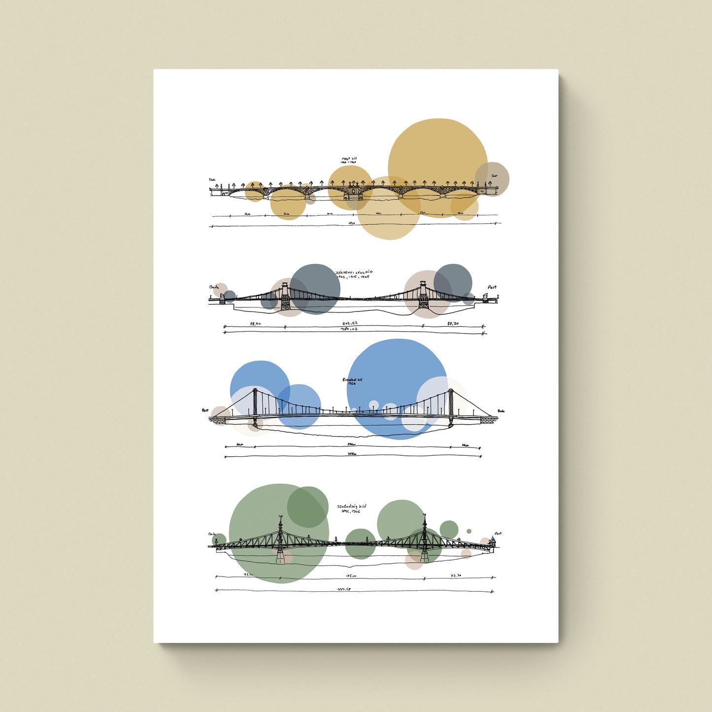 Budapest hídjai színes grafika